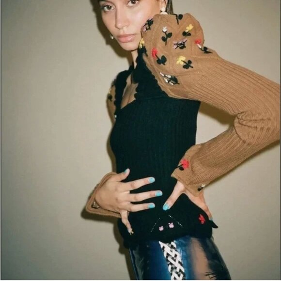 CORMIO Oma Sweater Sz Large Brown Black Cashmere Merino Wool Embroidered - Picture 2 of 11